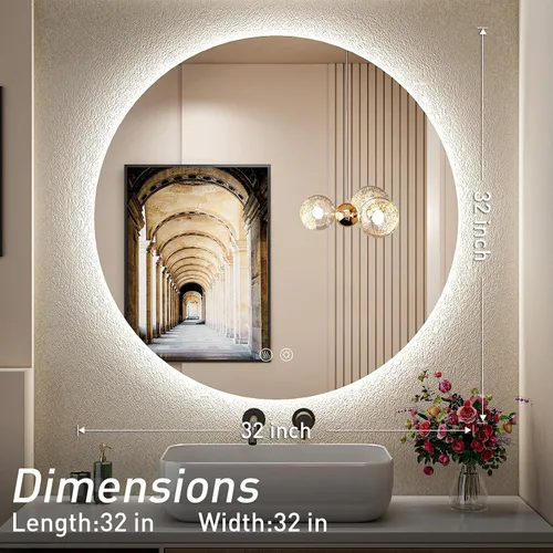 Vista 5 de Espejo Redondo Retroiluminado LED de 32 Pulgadas para Tocador, Espejo de Baño Iluminado Regulable 6000K Montado en Pared con Luces, Antivaho