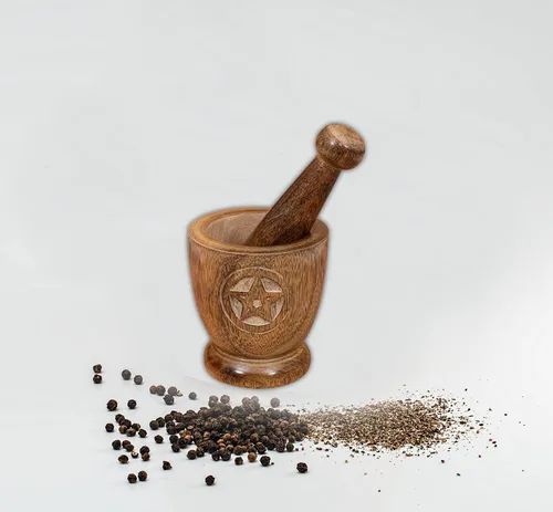 Vista 2 de Light & Pro Molinillo de mortero de madera tallada a mano para hierbas, prensa de ajo, café, triturador de especias, trituradora de jengibre