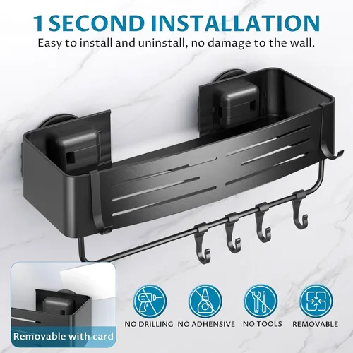 Vista 6 de Onemake Organizador de ducha con ventosa, estante de ducha de succión con ganchos portátiles, organizador de baño con barra de toalla