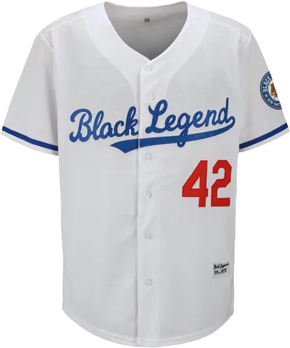 Vista 2 de Dabuliu Camiseta de béisbol retro Black Legend 42 para hombre, parches bordados, camisetas hipster hip hop cosidas