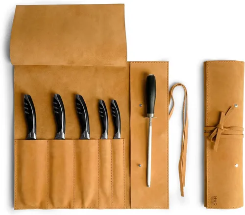Vista 13 de Estuche de cuero rústico para cuchillos, bolsa duradera para cuchillos de chef para chefs profesionales, bolsa de rollo de cuchillos, funda