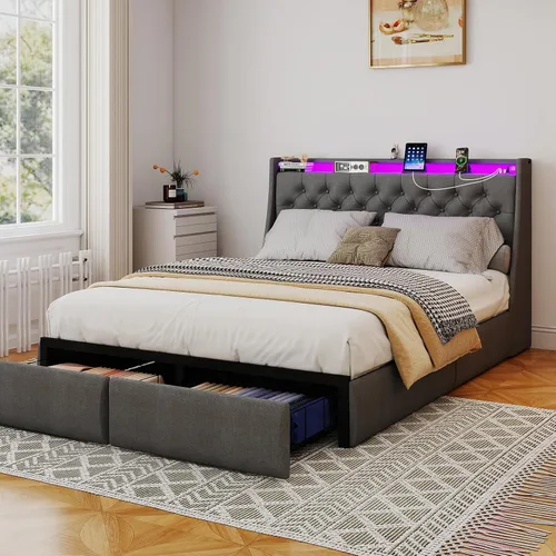 Vista 3 de Base de cama matrimonial tapizada con respaldo alero con 2 cajones de almacenamiento y luces LED