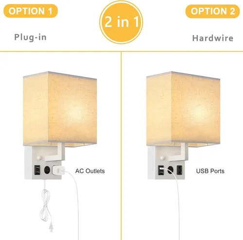 Vista 6 de Vrisa Juego de 2 apliques de pared para dormitorio, lámpara de pared enchufable, lámparas de noche con puertos USB y toma de corriente