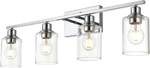 Vista 8 de Lámpara de pared de 3 luces de níquel cepillado de metal, lámpara de tocador de interior con pantalla de vidrio transparente, accesorios
