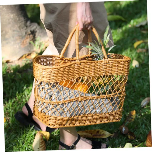 Vista 8 de Cesta tejida para comestibles Cesta de picnic Cesta de frutas portátil Suministros diarios