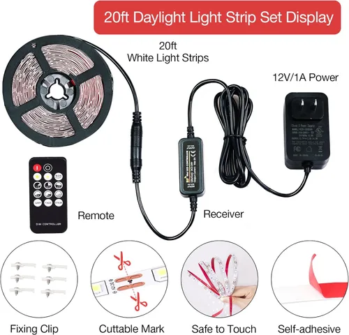Vista 5 de Tira de luces LED blancas de 20 pies con control remoto, tira de luz LED regulable de 6500 K de 12 V, 360 luces LED flexibles para dormitorio