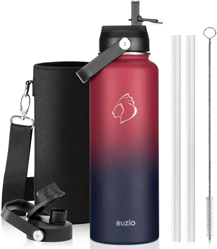 Vista 85 de BUZIO Botella de agua aislada de 24 oz, frasco de agua de boca ancha de acero inoxidable con tapa de pajita, frío durante 48 horas a prueba de Negro