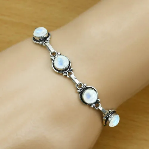 Vista 54 de Round Shape Natural & Synthetic Gemstones Silver Plated Bracelets for Women - Vintage Bohemian Style Handmade Birthstone Adjustable Link Bracelet