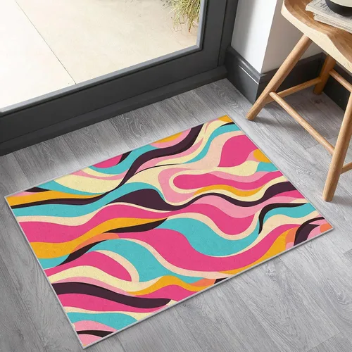 Vista 5 de Alfombra abstracta colorida de 2 x 3 pulgadas, lavable con rayas onduladas para entrada, dormitorio, cocina, alfombra retro de los años 70