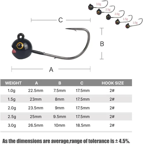 Vista 5 de 10 cabezas de tungsteno con soporte para cebo, cabeza redonda para pequeños cebos de plástico y peces, Crappie y Bluegills