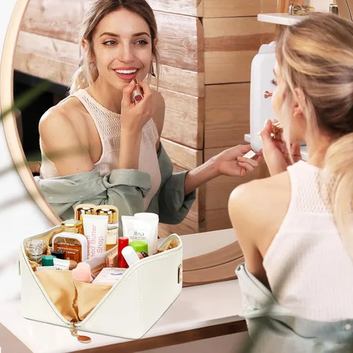 Vista 8 de Regalos de cumpleaños para mujeres y adolescentes, juego de bolsas organizadoras de maquillaje con iniciales personalizadas, bolsa de cosméticos
