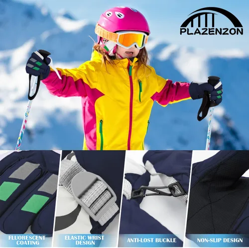 Vista 4 de Guantes de nieve para niños, impermeables, aislados, guantes de invierno para esquí, guantes de nieve para niños y niñas de 7 a 10 años