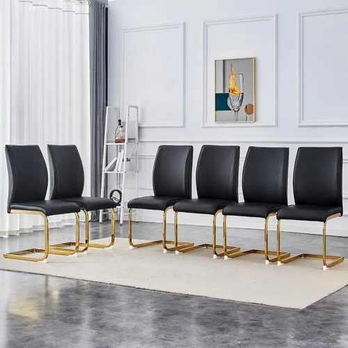 Vista 9 de Juego de 2 sillas de comedor modernas, sillas de cocina tapizadas de cuero, sillas de comedor sin brazos con respaldo alto y patas de metal dorado