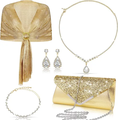 Vista 9 de Tiamon Juego de 5 piezas de joyas de diamantes de imitación, chales y envolturas formales para mujeres, vestidos de noche, bodas nupciales