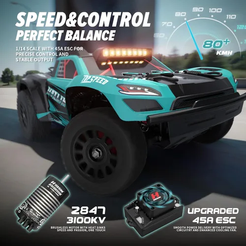 Vista 2 de Hosim Coches RC sin escobillas para adultos y niños rápidos 50 mph, camiones RC 4x4 todo terreno todoterreno impermeable de alta velocidad 1/14 RTR