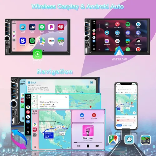 Vista 2 de Estéreo de coche inalámbrico Apple Carplay de 7 pulgadas Doble DIN, pantalla táctil IPS, Bluetooth 5.2, radio FM para el coche, cámara trasera