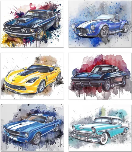 Vista 3 de Arte moderno de pared para automóvil, juego de 6 pósteres deportivos para automóvil (10 x 8 pulgadas, enmarcado) para habitación de niños