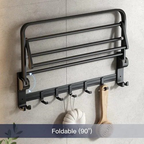 Vista 3 de VOLPONE Toallero de 24 Pulgadas con Soporte de Barra de Toalla Estante de Toalla Plegable con Ganchos Móviles Almacenamiento de Toallas Resistente a