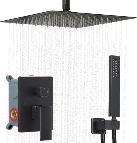 Vista 14 de Sistema de Ducha Dorado Cepillado para Baño con Cabezal de Ducha de Lluvia de 10 Pulgadas de Montaje en Techo con Ducha de Mano de Lujo de Alta