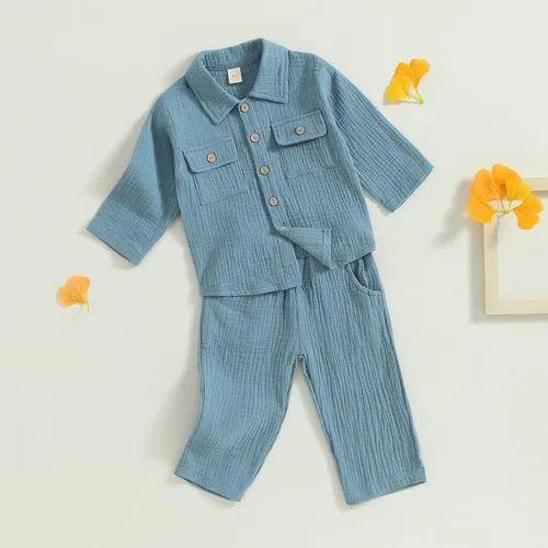 Vista 3 de Conjunto de ropa de algodón y lino de manga larga con botones y pantalones con cordón para bebé