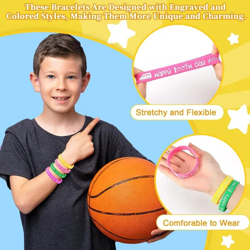 Vista 4 de JUNEBRUSHS 64 piezas de pulseras de silicona para fiesta del 100º día de escuela