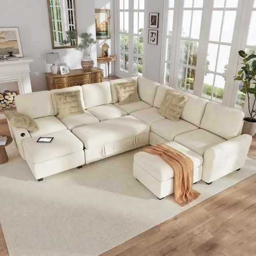 Vista 8 de Hanherry - Sofá seccional con sofá cama extraíble, sofá cama de chenilla con 2 asientos de almacenamiento y carga USB, cómodos sofás modulares