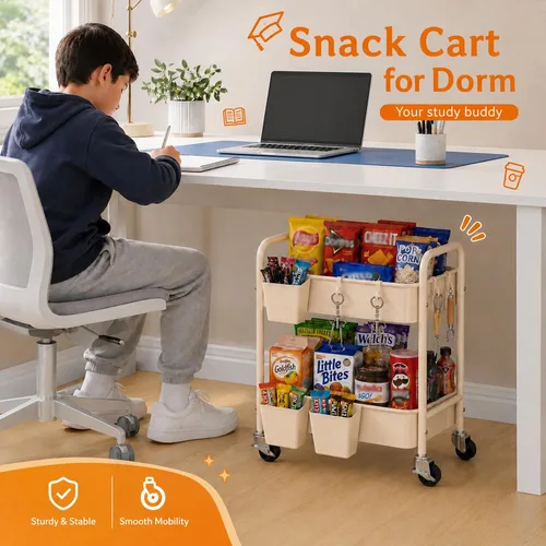 Vista 3 de Carrito pequeño de 2 niveles beige con ruedas, carrito de pañales para artículos esenciales para el cuarto de bebé, carrito de metal para debajo