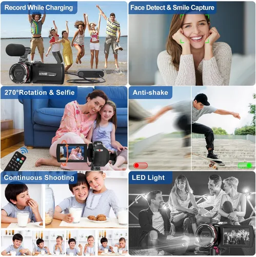 Vista 7 de Cámara de Video, Videocámara 4K, Cámara de 64MP 30FPS de Doble Lente con Micrófono Inalámbrico para Vlogging YouTube, Pantalla Ultra HD de 3