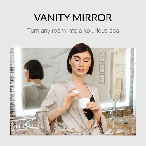 Vista 4 de Mirrors & Marble Espejo de tocador LED rectangular (48 x 32 pulgadas), vidrio antivaho moderno iluminado lateral para baño, dormitorio y montaje