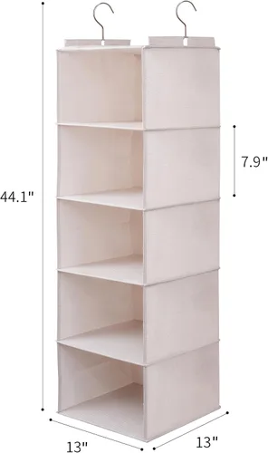 Vista 2 de Organizador colgante grande para suéteres para armario, con 6 estantes colgantes plegables y cajones, lavable (Beige - 5 estantes)