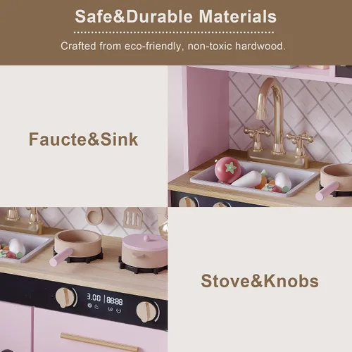 Vista 5 de Treocho Juego de cocina para niños, juego de cocina de madera para niños pequeños con almacenamiento, cocina de juguete de diseño moderno con grifo