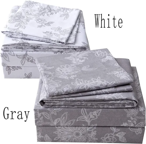 Vista 9 de FADFAY Juego de sábanas bajeras de tamaño individual color gris con estampado floral blanco con bolsillo profundo, súper suaves, de fácil cuidado