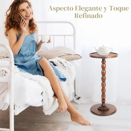 Vista 4 de Mesa auxiliar redonda con pedestal de madera maciza con borde superior de bandeja – Mesa auxiliar giratoria de bobina para sala de estar