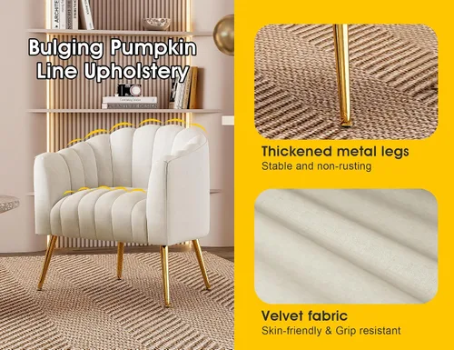 Vista 6 de Dewhut Silla de Acento de Sofá con Forma de Calabaza de Tamaño Grande, Sillas Tipo Barril Modernas y Cómodas Tapizadas en Terciopelo, Sillón