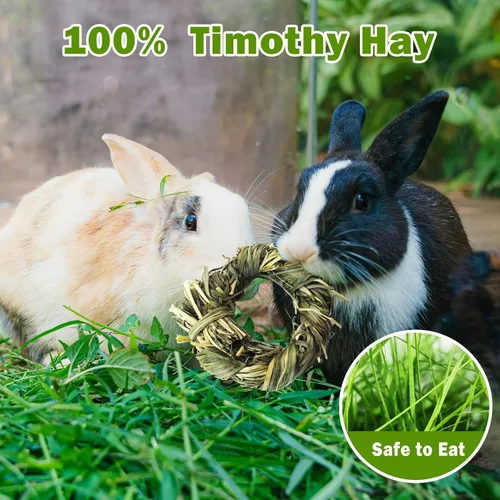 Vista 4 de 12 juguetes masticables de conejito para dientes, círculo de heno Timothy para conejos, anillos de heno Timothy para animales pequeños, conejillos