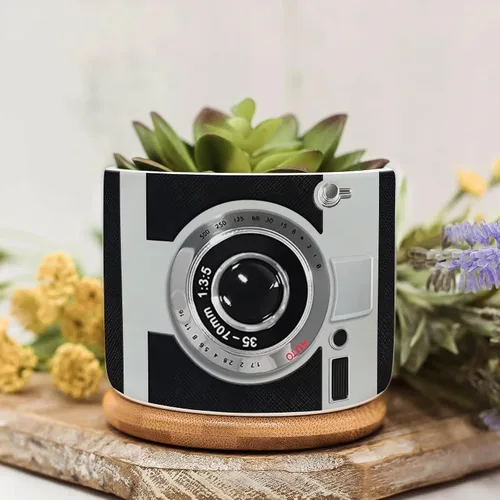 Vista 7 de Juego de mini macetas con estampado de lente de cámara, decoración del hogar, macetas de cerámica para suculentas con bandeja de bambú, regalos