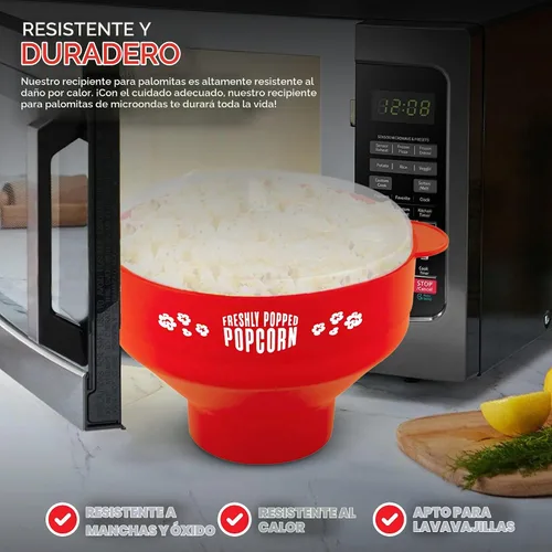 Vista 5 de Palomitas de maíz de silicona para microondas (rojo) para hacer palomitas de maíz, no requiere aceite, cuenco plegable con tapa, reutilizable, sin