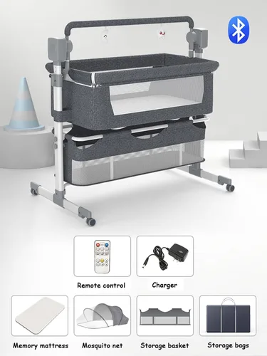 Vista 2 de MoLi Cuna eléctrica Bluetooth inteligente para bebé, cuna multifuncional para dormir conjuntamente, convertible plegable, cuna para niños pequeños