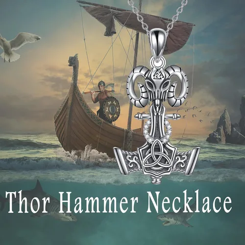 Vista 4 de JOERPH Collar vikingo con martillo Thor para hombre, plata de ley 925, amuleto de Mjolnir, talismán, cabeza de cabra, nudo celta, collar