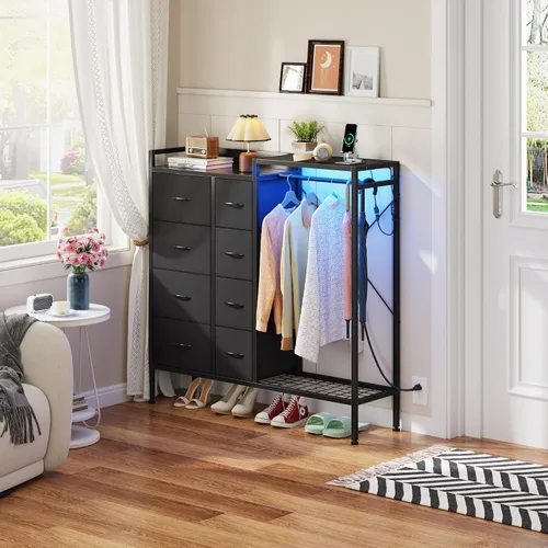 Vista 9 de HIGDBFE Cómoda con estante para colgar, cómoda de 8 cajones para dormitorio con estación de carga y luces LED, cómoda de tela con zapatero, cómoda