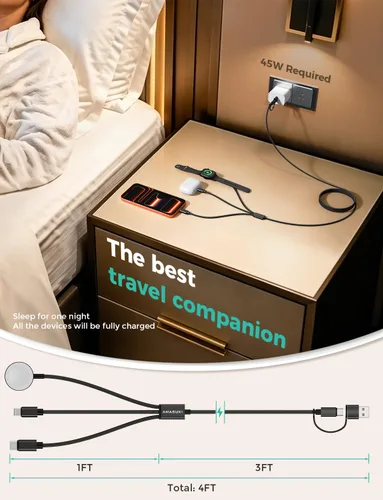 Vista 6 de Esenciales de viaje para Apple Watch, esenciales para acampar en cruceros, cable de carga múltiple, puertos de carga 3 en 2 para iWatch Series Negro