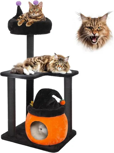 Vista 8 de KAMABOKO Árbol gótico para gatos, torre negra para gatos de 44.8 pulgadas con cama de ataúd, condominio grande y alto para gatos con postes