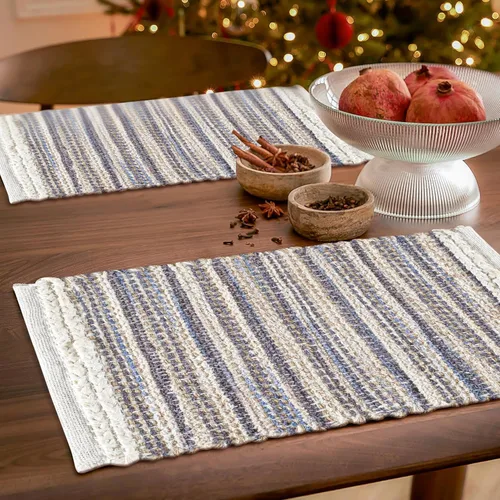 Vista 4 de Hausattire Juego de 4 manteles individuales tejidos - Azul, manteles individuales de yute boho rectangulares para mesa de cocina, mesa de comedor