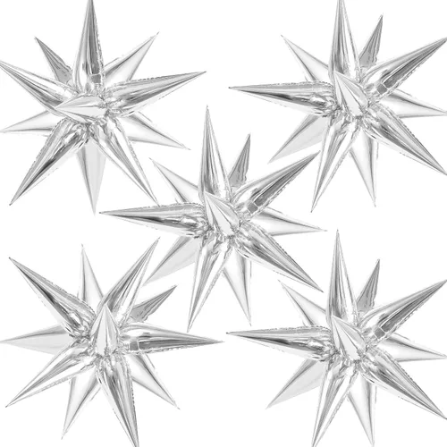 Vista 13 de 60 unidades de globos de estrella negros con explosión de 12 puntas de papel de aluminio con forma de cono mágico grande para decoración de fondo