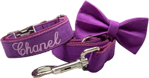 Vista 4 de Personalized Purple Pet Dog Collar and Leash and Bowtie Set Gift, Custom Embroidered Dog Puppy Collar, Small-Medium-Large and X-Large Dogs