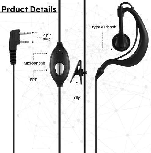 Vista 3 de 10 pares de auriculares para walkie talkie con micrófono de 2 pines, micrófono de auricular para radio bidireccional, auricular de un solo cable