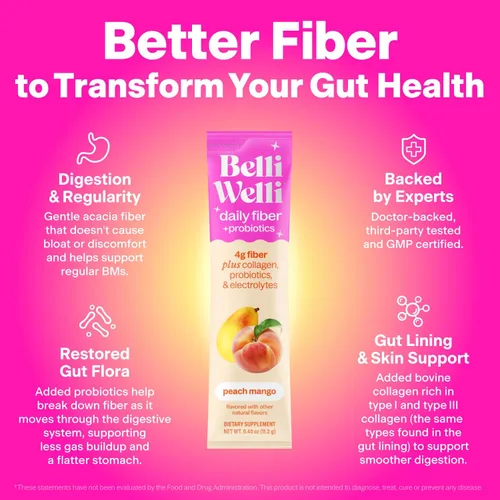 Vista 10 de Belli Welli Suplemento de Fibra, Polvo de Fibra con Probióticos Paquete de Viaje para Mujeres con Colágeno y Electrolitos para la Salud Intestinal