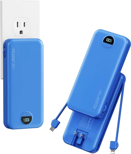 Vista 12 de Banco de poder aonidi de 12000mAh ultraportátil con cables y enchufe de pared AC incorporados, paquete de batería para teléfono celular con carga