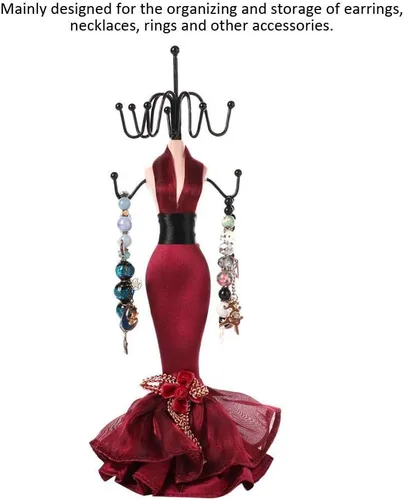Vista 7 de Soporte de joyería, 4 piezas con colgante, collar, aretes, pulsera, anillo, zapatos, vestido, joyería, modelo, soporte de exhibición (rojo vino)