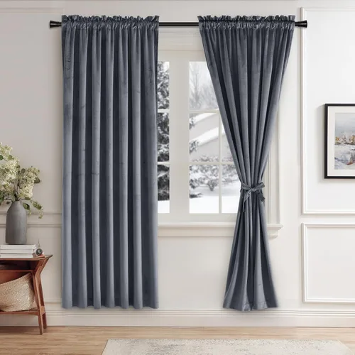 Vista 73 de JIUZHEN Cortinas de terciopelo beige de 63 pulgadas de ancho x 63 pulgadas de largo, cortinas de terciopelo retro suaves con bolsillo para barra